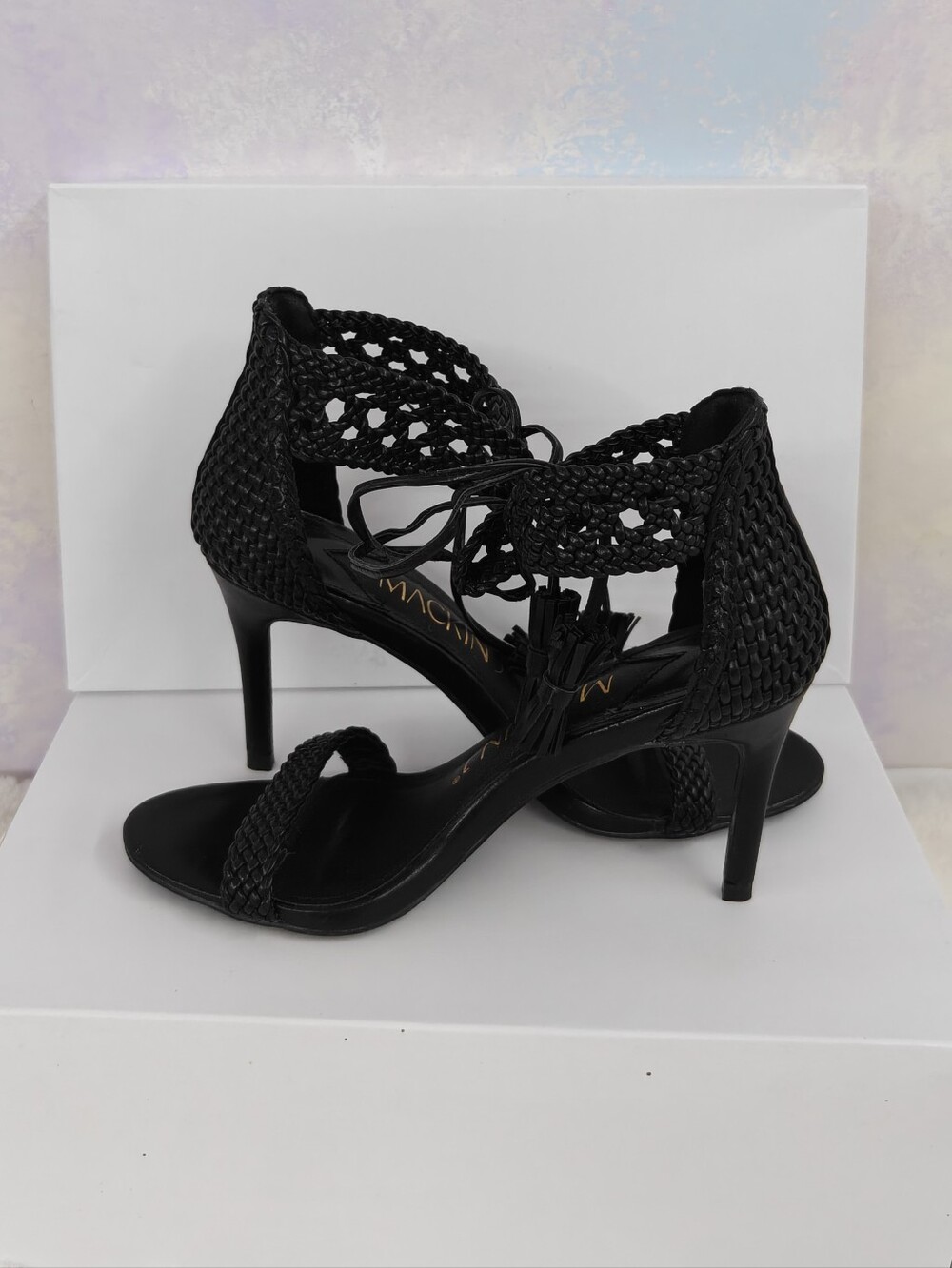Woven Lace-Up Black High Heel Sandals - Women
